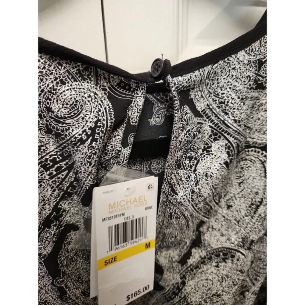 Michael‎ Kors Metallic Paisley Print Flounce Dress Women's M Bone Button Back